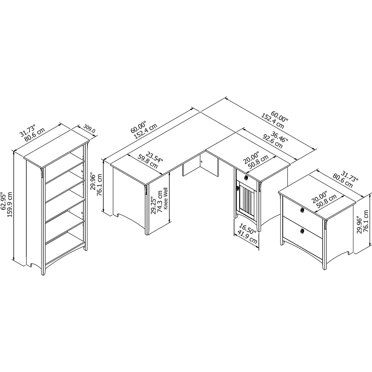 Bush Business Furniture Salinas 60W L Shaped Desk with File Cabinet and 5 Shelf Bookcase in Antique White Bush Business Furniture