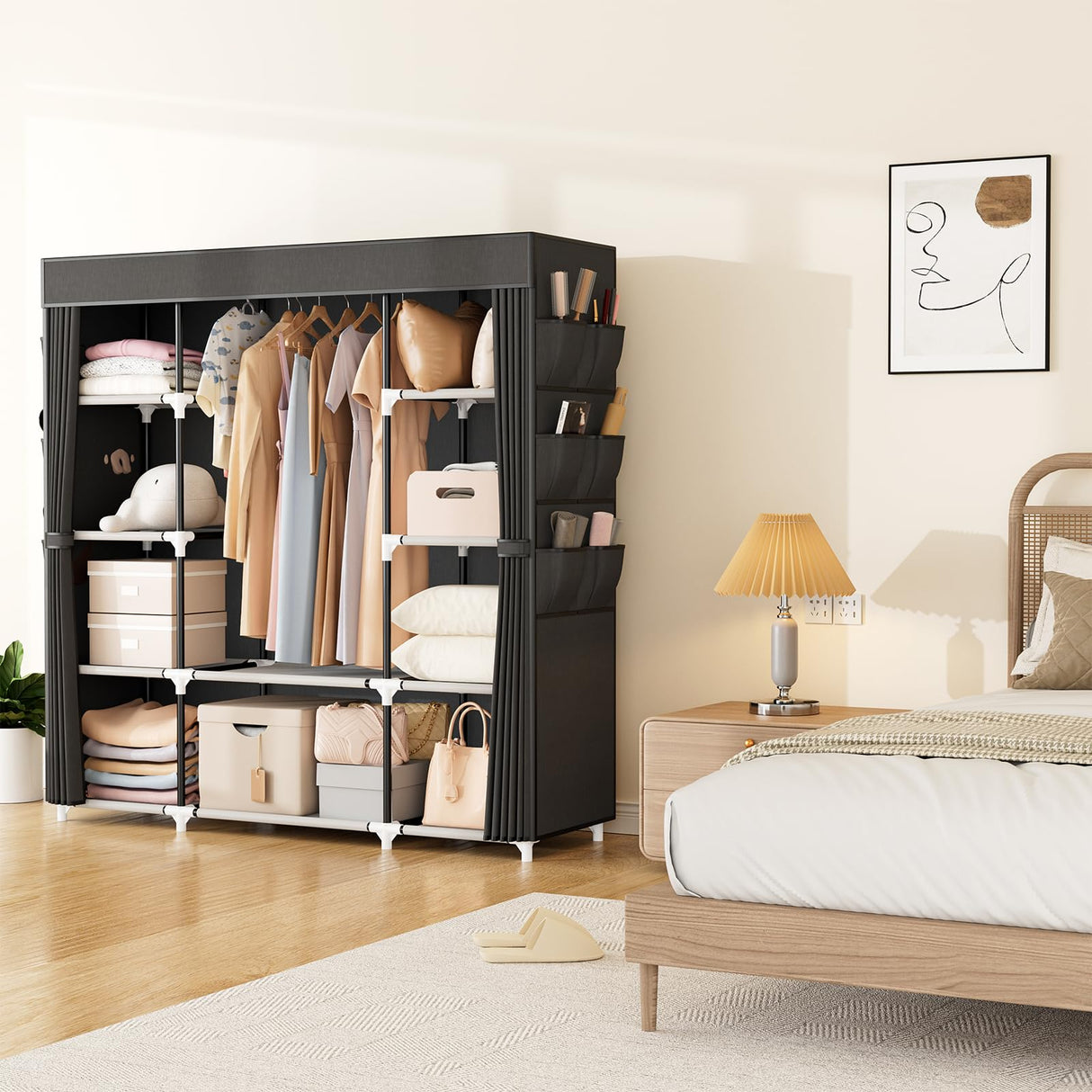 VTRIN Portable Closet Wardrobe for Hanging Clothes 57.3 Inch Large Capacity Clothes Rack with Cover, 10 Storage Organizer Shelves, 1 Hanging Rods and 6 Pockets, Free Standing Closet for Bedroom, Black VTRIN