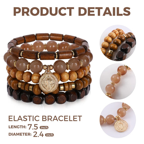 Bohemian Wood Beaded Bracelets for Women Natural Stone Boho Stretch Wooden Bracelet Set Religious Charm Multilayered Bead Strand Elastic Stackable Bracelets Handmade Jewelry Gifts for Men and Women IDEAJOY