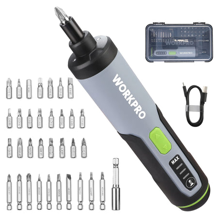 WORKPRO 4V Electric Screwdriver, Rechargeable Cordless Screwdriver Set with 35 Bits, Extension Rod, USB Charging Cable in Carrying Case, LED Light, Black Gray WORKPRO