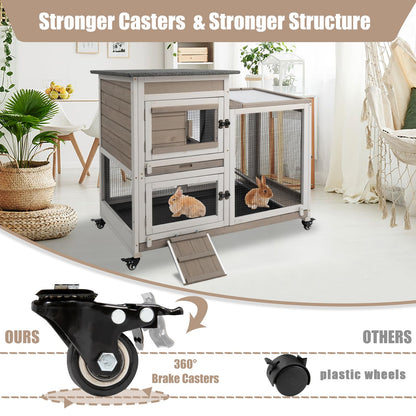 PetsCosset Rabbit Hutch Indoor 40" L Large 2 Story Outdoor Wooden Bunny Hutch with Run, 4 Metal Wheels & 2 Deeper Trays, UV-Proof Panel Rabbit Cage Guinea Pig Pet House for Small-Medium Animals