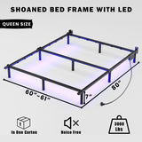 SHOANED Queen Size Bed Frame with LED, 7 Inch Metal Steel Bedframe for Box Spring and Mattress, Heavy Duty Basics Bed Base, Noise Free, Easy Assembly, Black, Adjustable SHOANED