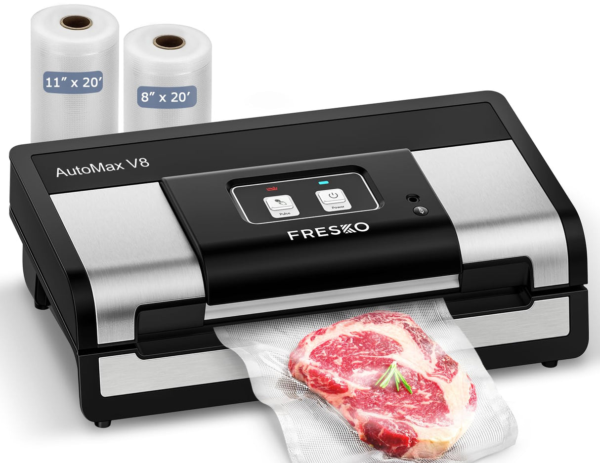 Fully Automatic Vacuum Sealer-Effortless Operation, 95Kpa Powerful Food Vacuum Sealer Machine with 2 Rolls Bags, Dry & Wet/Bag Cutter/External Vacuum, Silver Black FRESKO