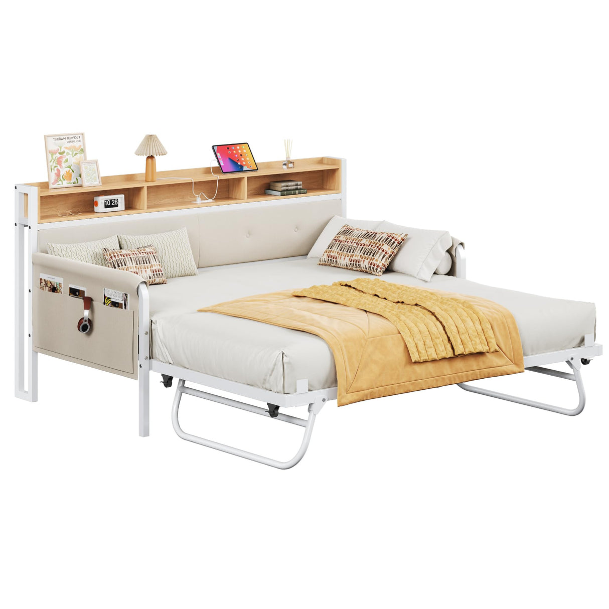 LIKIMIO Daybed with Trundle, Twin Bed Frame with Upholstered Headboard and Charging Station, Sofa Day Bed with Strong Supports for Living Room, Bedroom and Guest Room, White LIKIMIO