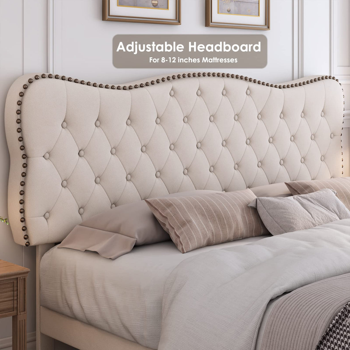 HOSTACK King Size Bed Frame, Linen Fabric Upholstered Platform with Adjustable Headboard, Diamond Tufted Mattress Foundation with Wood Slats, Easy Assembly, No Box Spring Needed, Beige HOSTACK