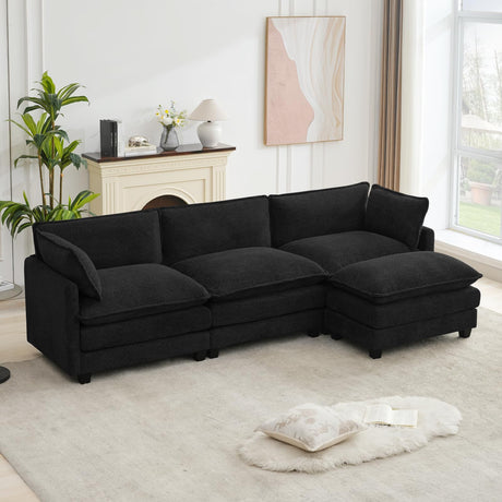 ROWHY Oversized Modular Sectional Couch with Movable Ottoman, 112" Modern Convertible L Shaped Sofa Set, 4 Seat Comfy Cloud Couch with 2 Throw Pillows, for Living Room and Office, Chenille, Black ROWHY
