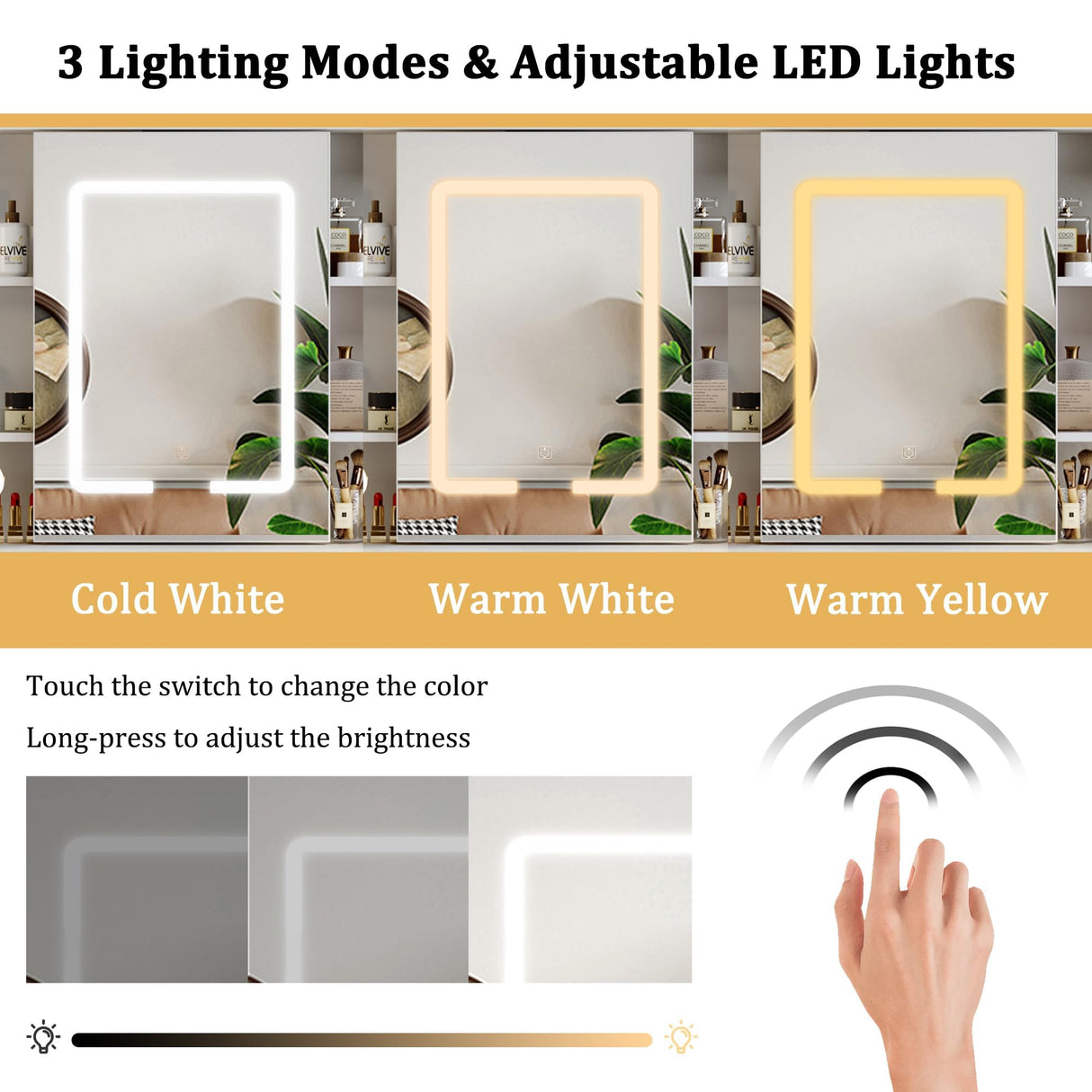 HUAHUU Vanity Desk with Mirror and Lights, Vanity Desk with Sliding LED Mirror, Makeup Vanity with Adjustable 3 Lights Modes, White Vanity with 5 Drawers & 2 Storage Cabinet, for Bedroom HUAHUU