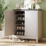 Maupvit 5-Tier Shoe Cabinet with Fluted Doors, Farmhouse Storage Cabinet with Adjustable Shelves, Wooden Shoe Rack Organizer Cabinet for Entryway, Foyer, Hallway, Living Room, White Maupvit