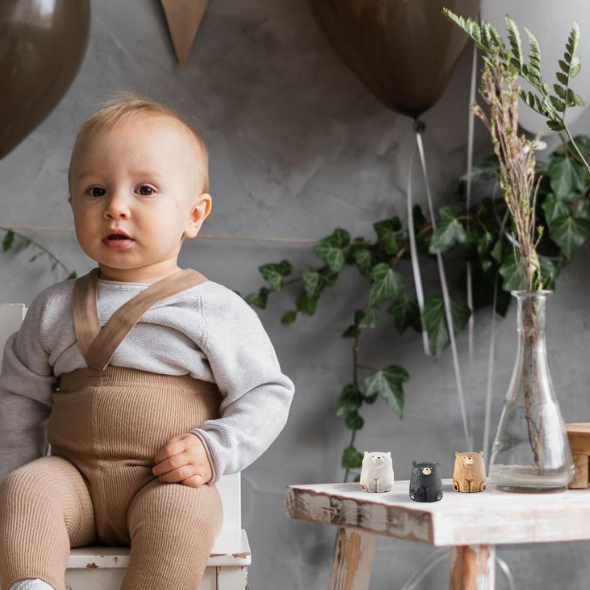 Lineshading 3 Pcs Miniature Bear Statues Funny Wooden Bear Figurines Safari Nursery Decor Woodland Animal Nursery Decor Rustic Wooden Animal Figurines for Nursery Bedroom Playroom Gift, 1.2 x 1.4 Inch Lineshading