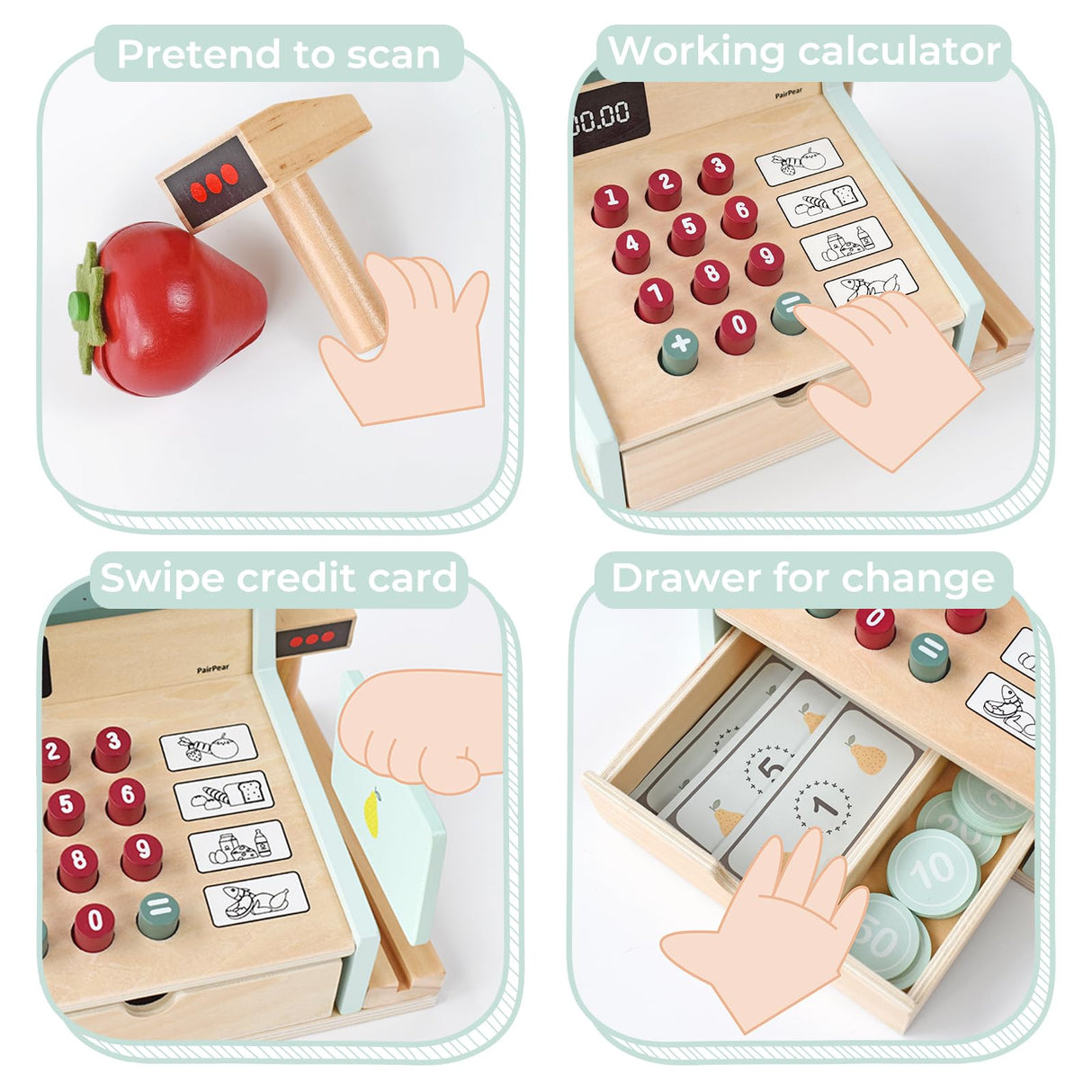 PairPear Wooden Toy Cash Register,Kids Pretend Play Money Counting Toys with Scanner and Credit Card,Toddler Cashier Toy Grocery Play Food Accessory for Pre-School Gift Boys Girls 3+ PairPear
