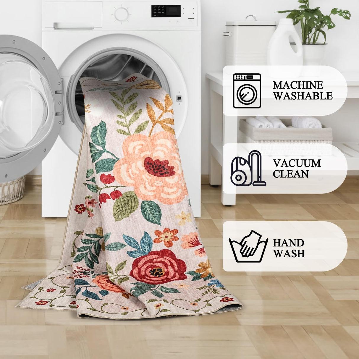 DUKINO 2x6 Runner Rug for Hallway, Washable Kitchen Runner Rug with Non Slip Backing, Low Pile Soft Boho Floral Runner for Kitchen, Hallway, Entryway, Laundry, Bedroom, Beige DUKINO