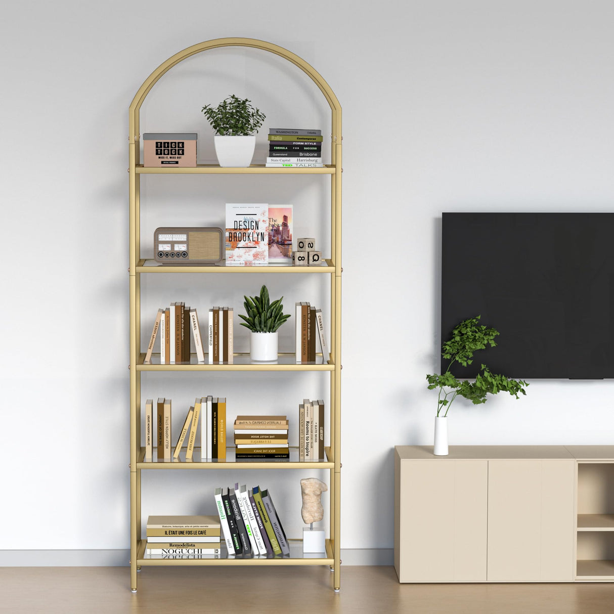 Homhedy Bookshelf Arched Display Racks,Metal Bookcase,Tempered Glass Shelves,Storage Rack Shelf for Home Office,Living Room,Bedroom, Bathroom,Modern Style (Golden, 11.8" D x 23.6" W x 62.2" H) Homhedy