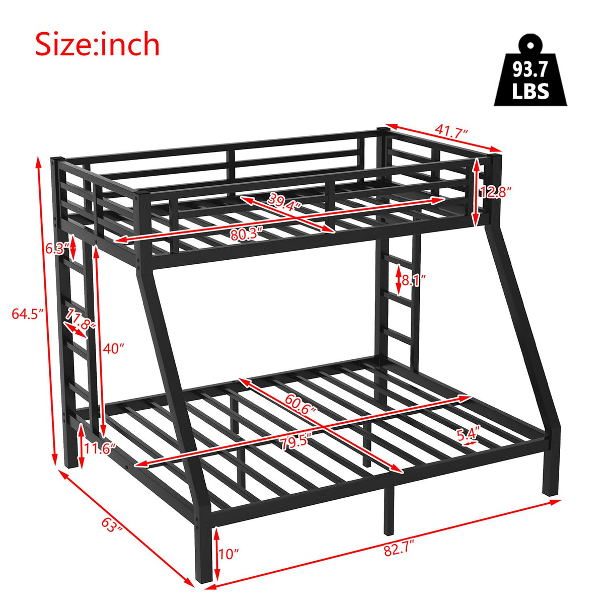 anwickjeff Metal Full Over Queen Bunk Bed for Adults, Heavy Duty Bunk Beds with 2 Stairs,Safety Guardrail, Noise Free, Easy Assembly (Full Over Queen) anwickjeff