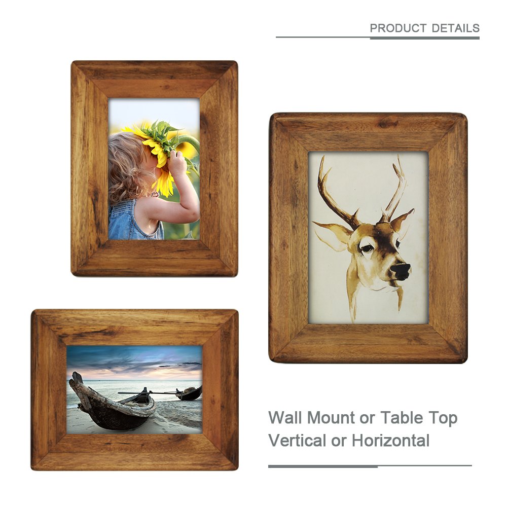 icheesday Picture Frame 5x7 Inch,Rustic Wood Photo Frames with Real Glass,Wall Hanging and Tabletop Standing,Vertical or Horizontal Display (Brown) icheesday