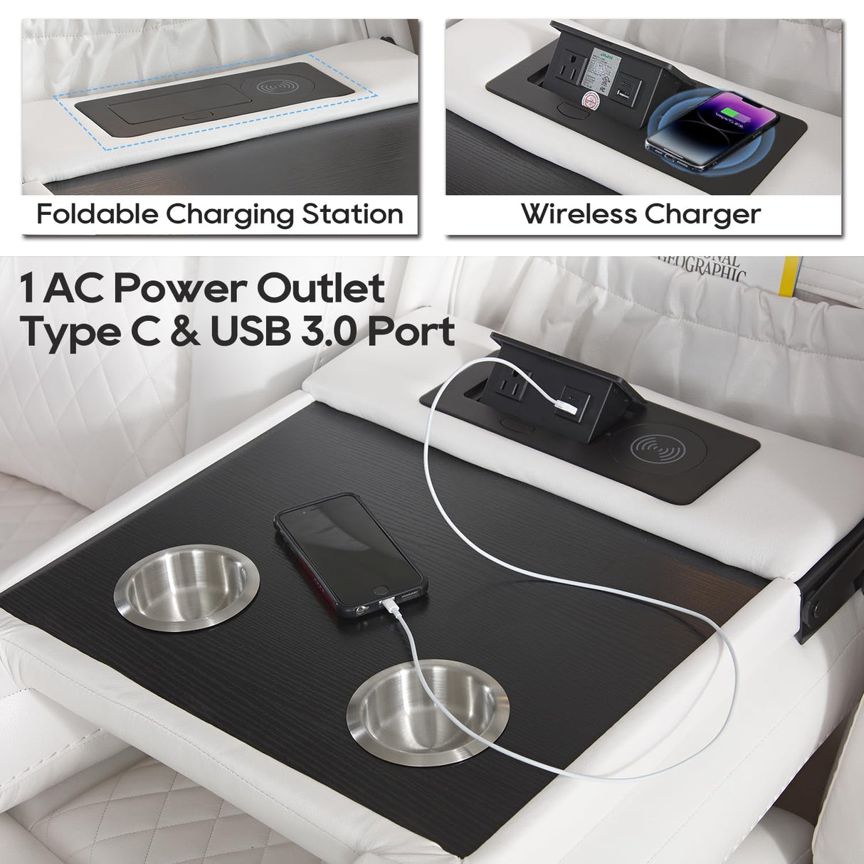 Power Reclining Sofa Couch with Wireless Charger, 3 Seaters with Recliner with Reading Light, Leather Electric 3 Seat Sofa Sectional Set for Living Room, Home Theater Seating with LED Lights, White Comfort Stretch