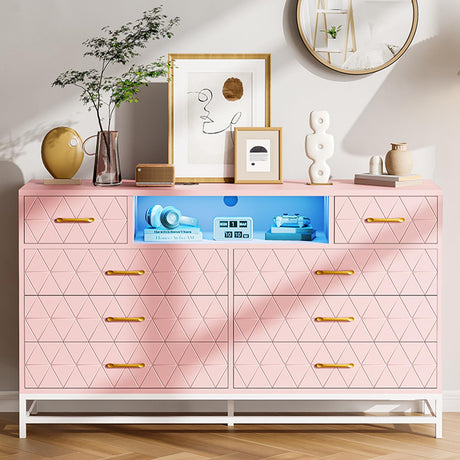 GAOMON Bedroom Dresser with 8 Large Storage Drawers, Wood Pink Dresser with LED Lights & Charging Station, TV Stand Dresser & Chests of Drawers for Closet, Hallway, Entryway GAOMON