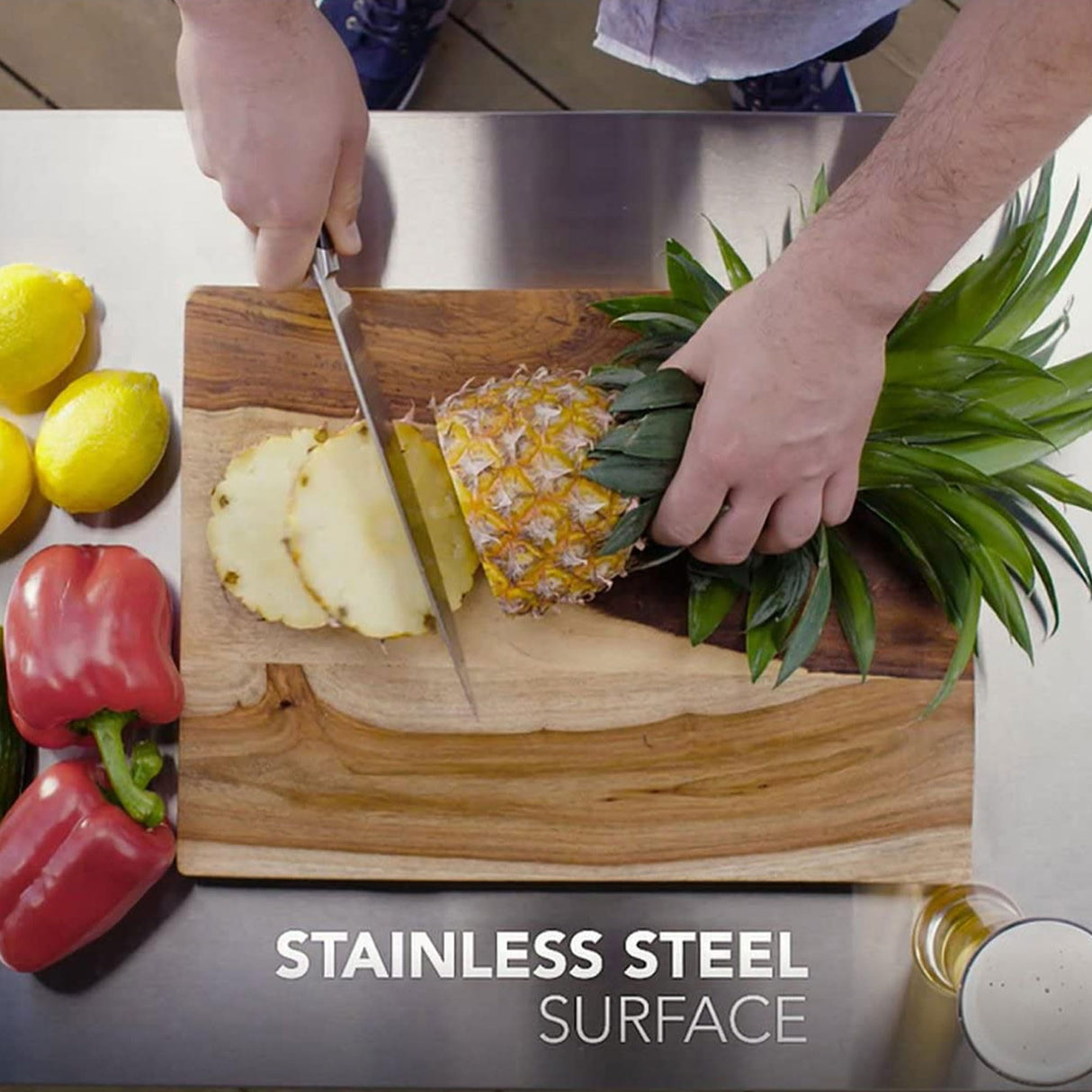 Keter Outdoor Grill Prep Table & Serving Cart, Stainless Steel Top, Unity, 40 Gal, Brown - Portable Bar Table and Cooking Accessory for Pool, Patio, Lawn, and Backyard Keter