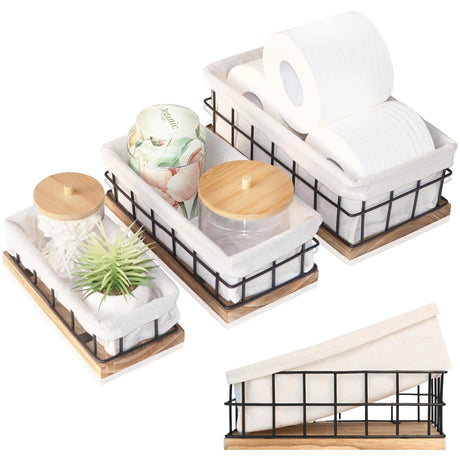 Aura Nest - Set of 3 Decorative Basket Organizers, Sturdy Rustic & Farmhouse Decor Metal Wooden Baskets for Organizing, Wire Basket with Liner, Perfect as Home, Kitchen or Bathroom Basket Organizer AURA NEST