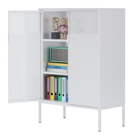 Ustamio White Metal Storage Cabinet with Doors and Shelves, 3 Tier Metal Office Storage Cabinet, Metal Locker Storage Cabinet for Home, Office, Living Room and Entryway Ustamio