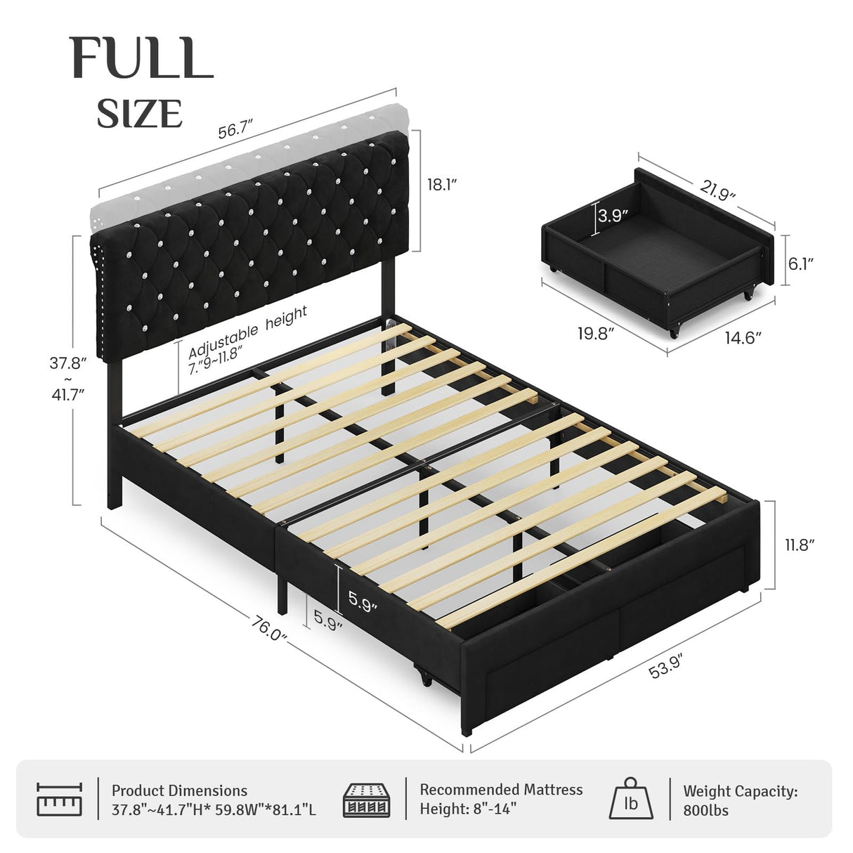 Belffin Full Size Bed Frame with 2 Storage Drawers, Upholstered Bed Frame with Adjustable Diamond Headboard, Velvet Modern Platform Bed Frame, No Box Spring Needed, Easy to Assemble, Black Belffin