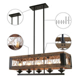 LALUZ Farmhouse Chandelier, 5-Light Kitchen Island Lighting with Clear Glass, Wood and Black Finish, 32 Inches LALUZ
