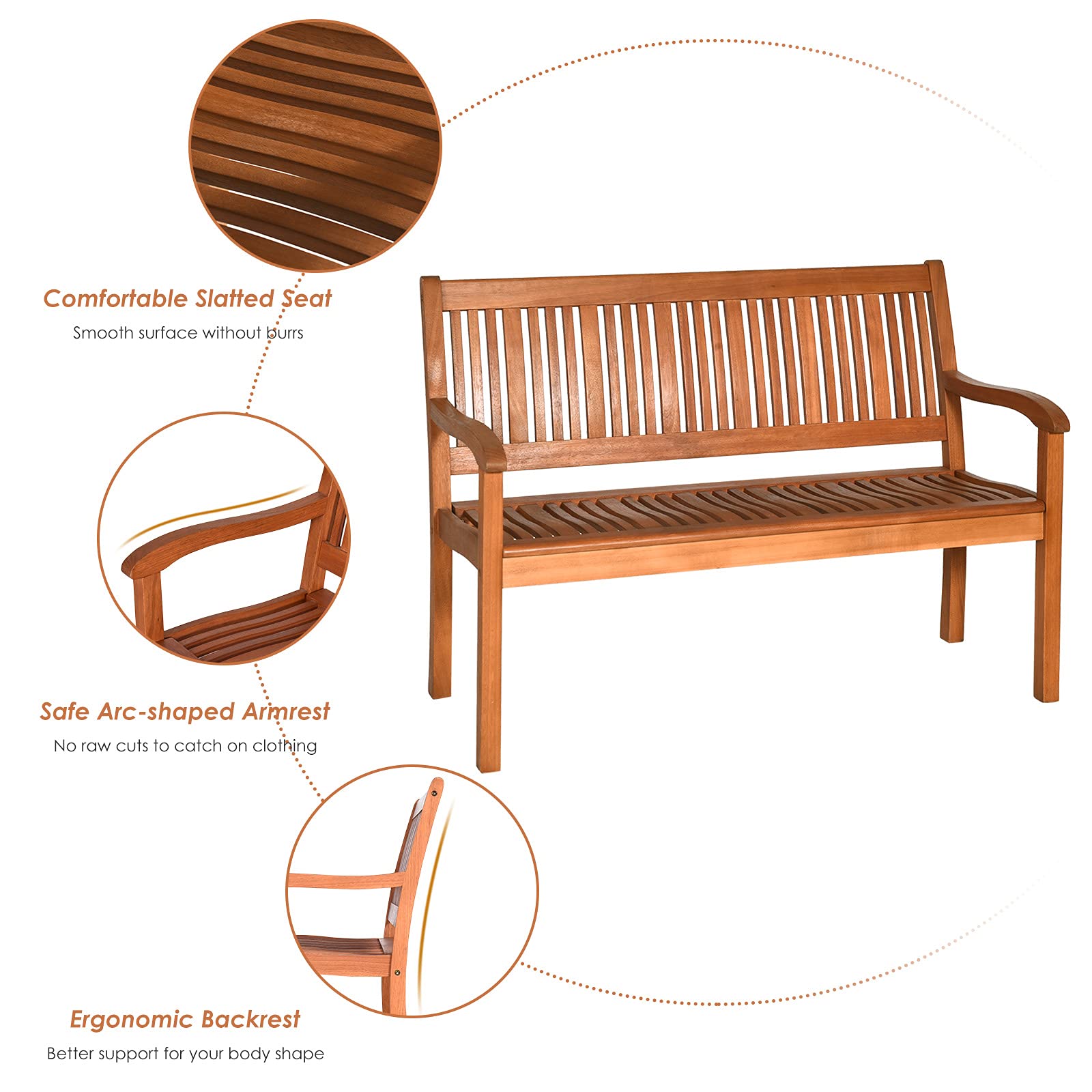 S AFSTAR Wooden Patio Loveseat Bench for 2 with Curved Armrests and Ergonomic Backrest, 700lbs Capacity - WoodArtSupply