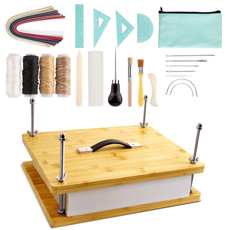 HAOPENGYOU 14.7"x11.4" Large Bamboo Book Press & Bookbinding Kit with Bone Folder, Awl, Needles - Complete DIY Book Repair Craft Set HAOPENGYOU