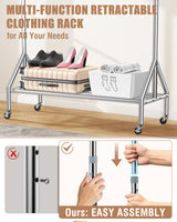 100% Stainless Steel Clothing Rack Load 760LBS, Ultra-Stable Heavy Duty Clothes Rack W/ Reinforced Rubber Ring, Extendable Adjustable Rolling Garment Racks W/ Sturdy Wheel for Portable Hanging Clothes FYBEE