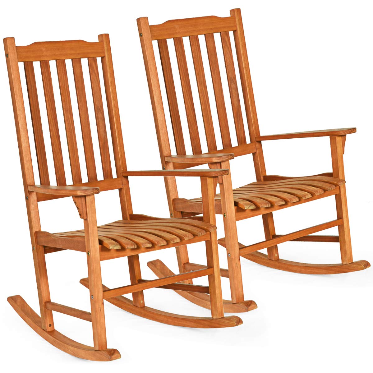 Giantex Set of 2 Porch Rocking Chair Outdoor and Indoor Use, Solid Eucalyptus Wood Rocker with Natural Finish, Front Porch Chairs for Patio Deck Garden, Wooden Rocking Adirondack Chair Set - WoodArtSupply