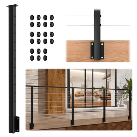 Gyykzz Side Mount Cable Railing Post 36" (Post Body 44"), Level Drilled Space-Saving Rail Post with 11 Holes, Stainless Steel Fascia Mount Cable Railing Kit System, Black Indoor Outdoor Deck Post Gyykzz