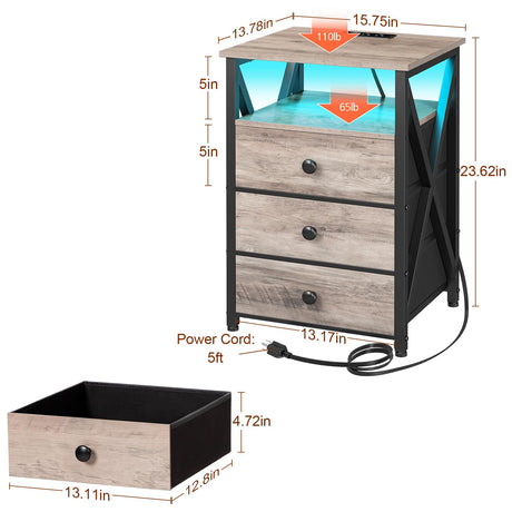 AMHANCIBLE Night Stand Set 2, LED Nightstand with Charging Station, End Side Tables with USB Port & Outlet, Bedside Table with 3 Fabric Drawers for Bedroom Living Room, Greige, HET053LGY AMHANCIBLE