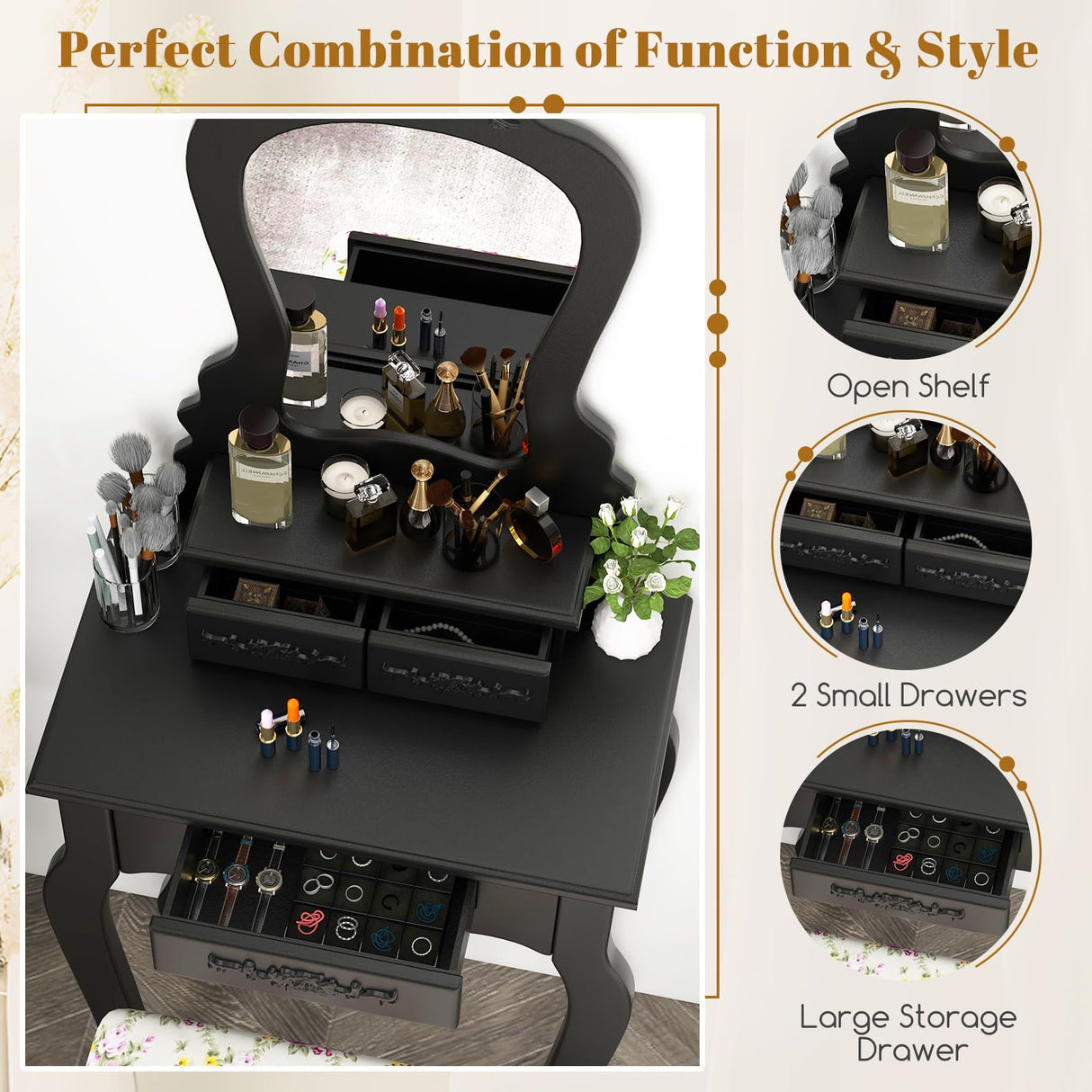 Giantex Small Vanity Desk Set, Black Makeup Vanity Table with Mirror, Cushioned Stool, 3 Storage Drawers, 20 inch Girls Dressing Table for Small Space Bedroom Giantex