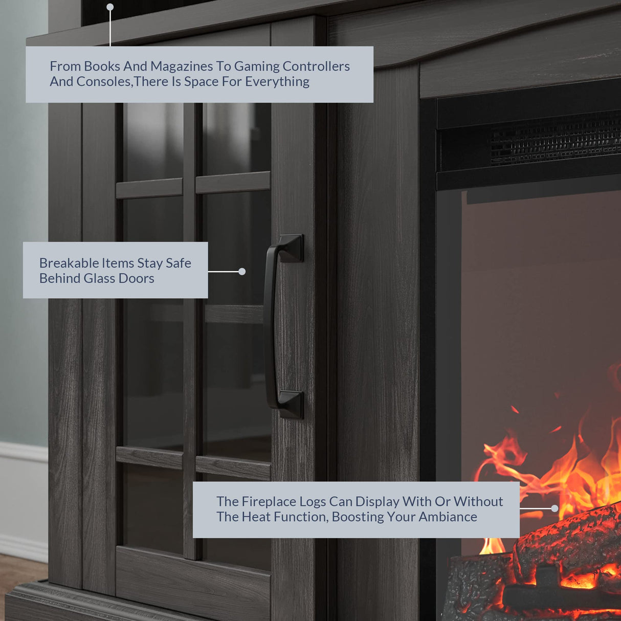 BELLEZE Traditional 58" Rustic TV Stand with 23" Electric Fireplace Heater with Sound, Media Entertainment Center Console Table for TV up to 65" with Open Storage Shelves and Cabinets - Rustic Grey BELLEZE