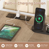 VIAGDO Loft Bed Twin Size with L-Shaped Desk, Charging Station and LED Lights, Twin Loft Bed with 4-Tier Bookshelf and 3 Drawers, Clothes Rail, Safety Guardrail&Ladder, No Box Spring Needed, White VIAGDO