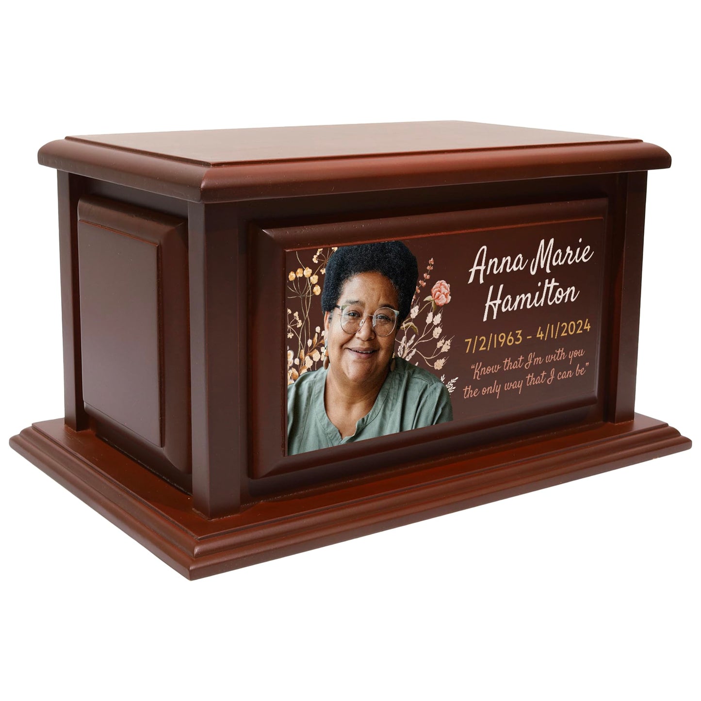 Personalized Solid Wood Human Urns for Ashes 250lbs, Custom Urn Box for Human Ashes, Large Burial and Cremation Urns for Ashes, Cherry Wood Color (Design 6) - WoodArtSupply