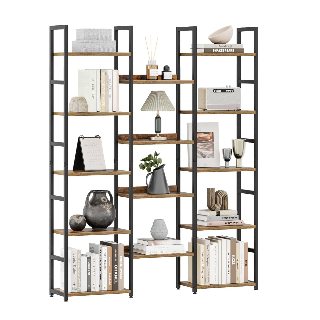 OTK Triple Column 5 Tier Bookshelf, Large Bookcase with 14 Open Display Shelves, Adjustable Industrial Book Shelf with Baffles, Wide Bookshelves for Bedroom, Living Room and Home Office, Rustic Brown OTK