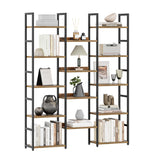 OTK Triple Column 5 Tier Bookshelf, Large Bookcase with 14 Open Display Shelves, Adjustable Industrial Book Shelf with Baffles, Wide Bookshelves for Bedroom, Living Room and Home Office, Rustic Brown OTK
