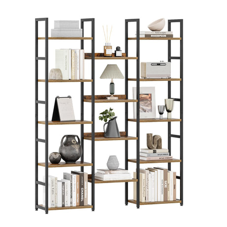 OTK Triple Column 5 Tier Bookshelf, Large Bookcase with 14 Open Display Shelves, Adjustable Industrial Book Shelf with Baffles, Wide Bookshelves for Bedroom, Living Room and Home Office, Rustic Brown OTK
