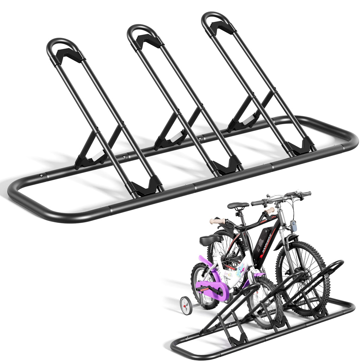 Mr IRONSTONE Bike Rack, Floor Bike Rack for Garage, Indoor/Outdoor Bike Storage Stand Bicycle Parking Rack, for Mountain Bike, Road Bike and Kids Bike (Black, 3 Bike) Mr IRONSTONE