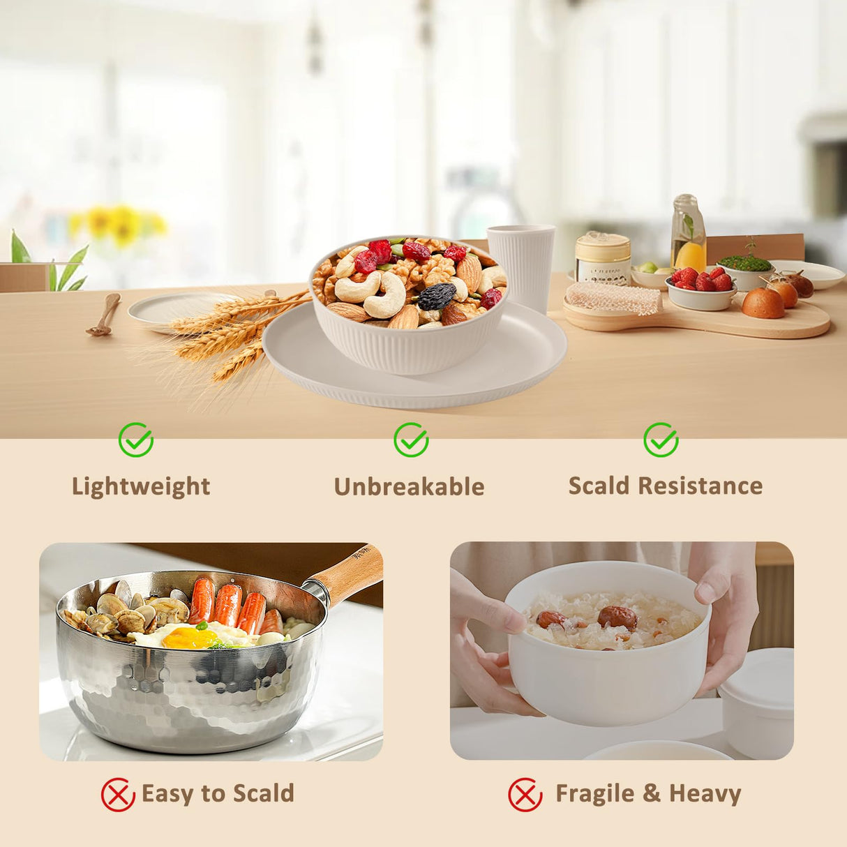 HIERYQHE 24pcs Wheat Straw Dinnerware Sets, Unbreakable Reusable Dinnerware Set for Outdoor/Kitchen, Outdoor Camping Cups Plates and Bowls Sets, Dishwasher Safe Wheat Straw Dinnerware Set for 8 HIERYQHE