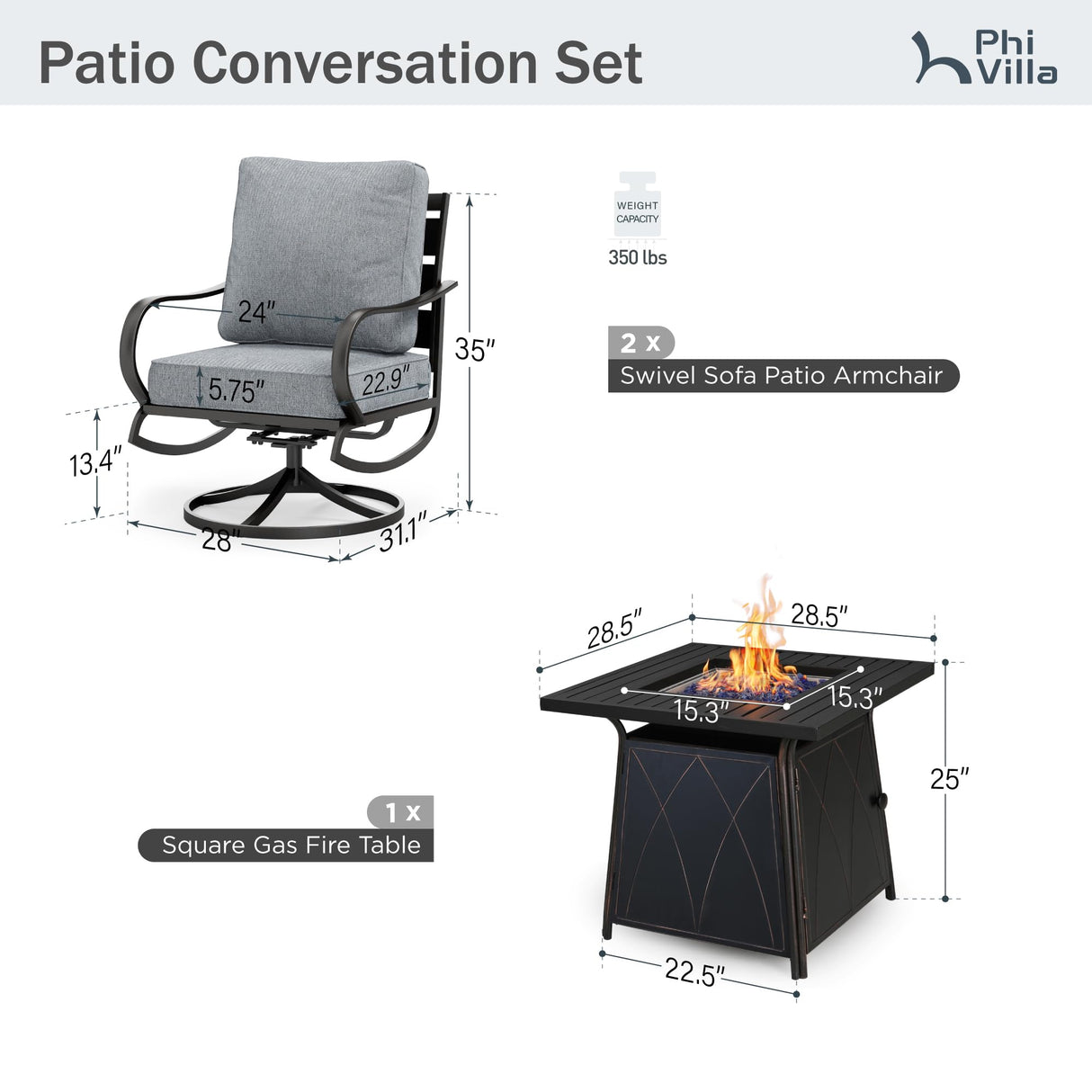 PHI VILLA 5 Piece Patio Furniture Set with 28" Firepit Table, 4 Outdoor 5.75" Cushioned Metal Frame Swivel Sofa Chairs & 28" Gas Firepit Table, Outside Furniture Set for Lawn Garden(Grey) PHI VILLA