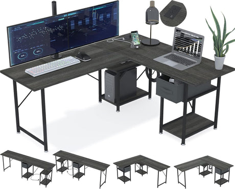 SZXKT L Shaped Desk with Drawers, Gaming Desk, Corner Computer Desk with Storage and Power Outlet,Reversible U Shaped Work Pc Desk for Home Office with Monitor Stand 2 Person Long Desk 56 Inch Gray SZXKT