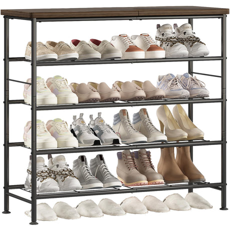 SUOERNUO Shoe Rack Organizer 5 Tier for Closet Entryway Free Standing Metal Storage Shoe Shelf with MDF Top Board，Black+Rustic Brown SUOERNUO