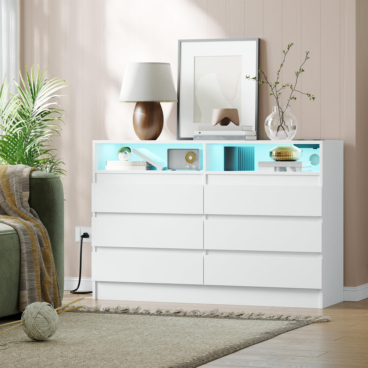 MilleLoom 6 Drawer Dresser with Charging Station and LED Lights, Modern Chest of Drawers with Power Outlet, Organizer Cabinet for Bedroom, Living Room, Entryway, White MilleLoom
