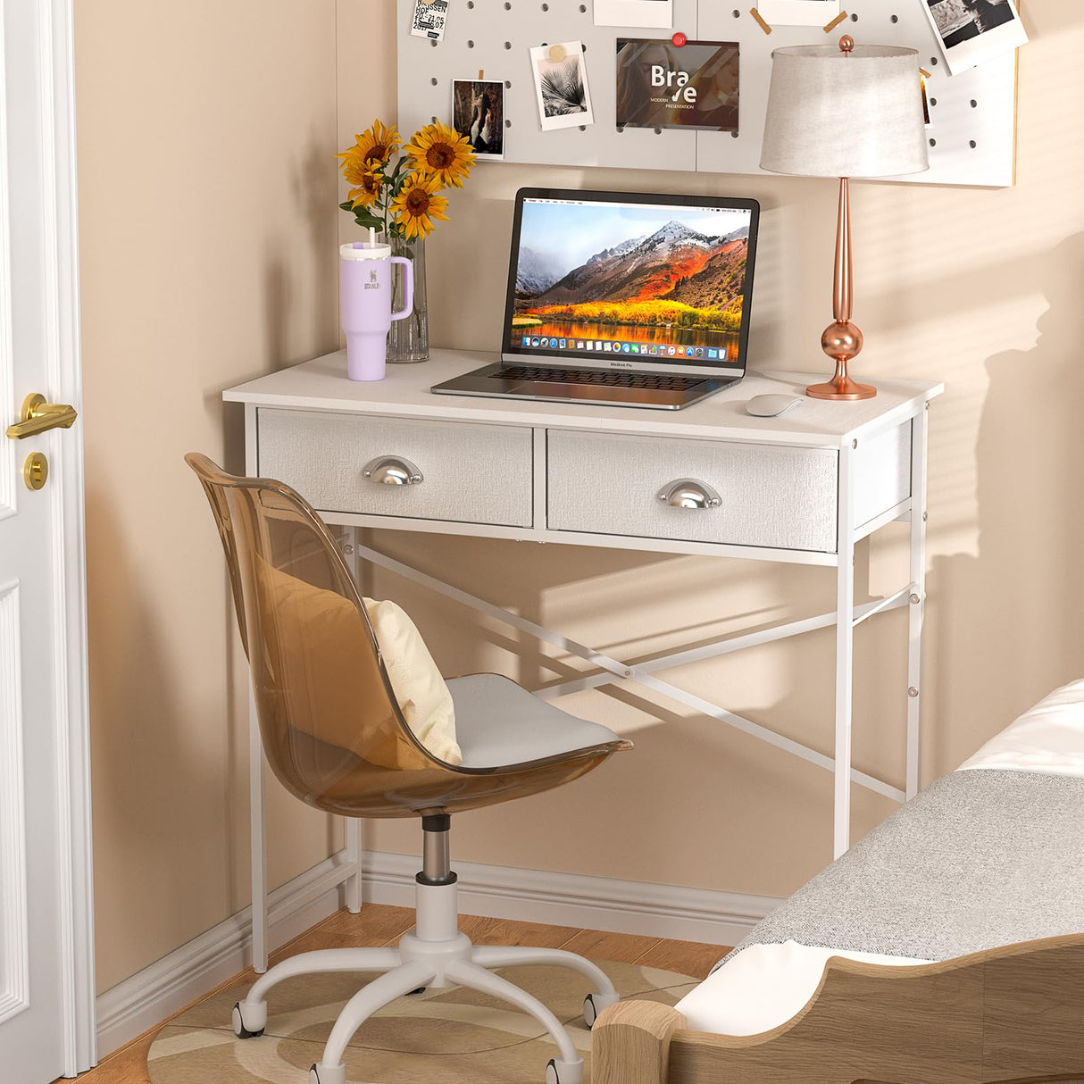 DAOUTIME Small Writing Desk for Kids Bedroom, 31.5 Inch Small Computer Desk for Small Spaces, Simple Desk with 2 Fabric Drawers for Home Office, Dorm, Living Room, Home Study Table, White DAOUTIME