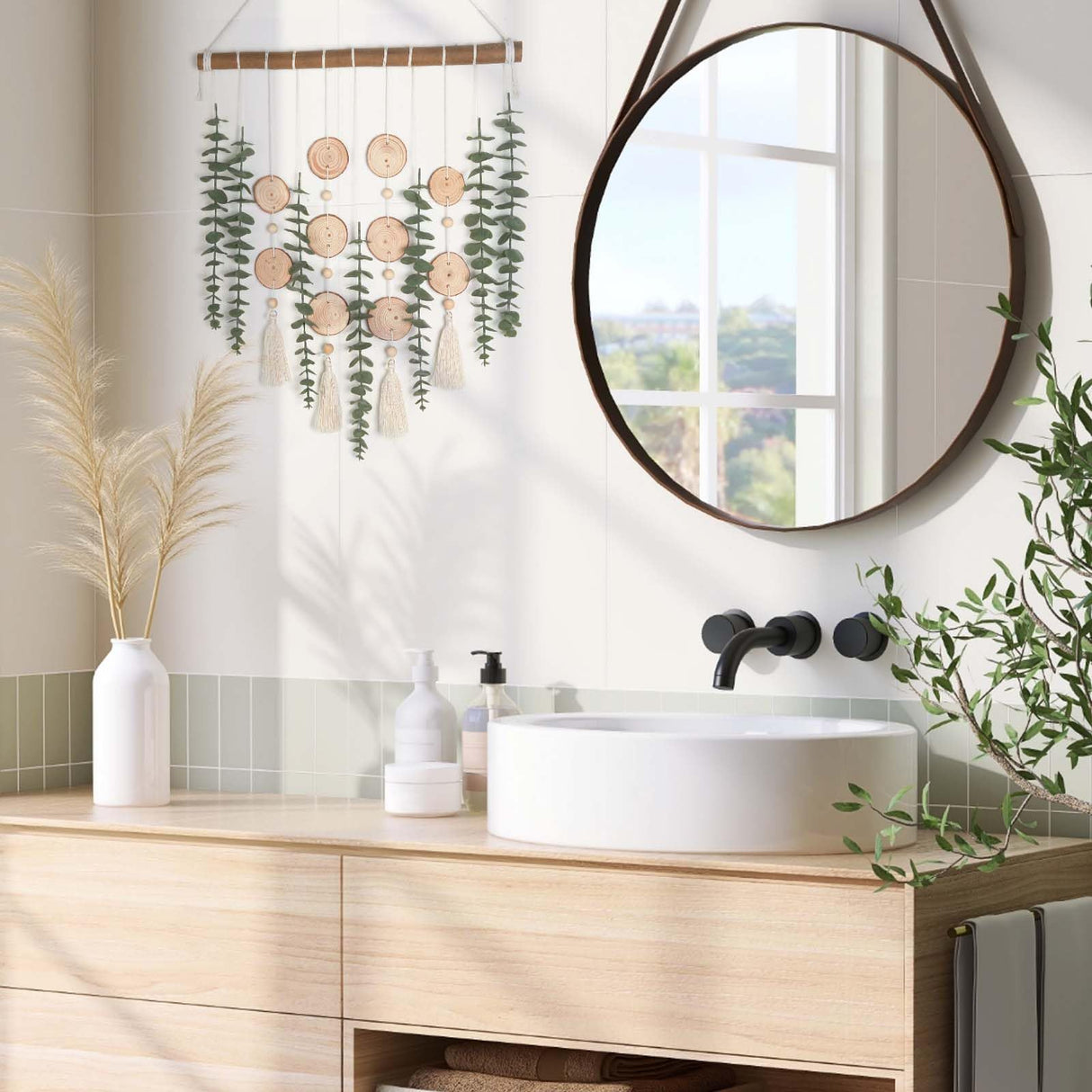 GIAUMA Artificial Eucalyptus Plant Wall Decor Fake Greenery Leaves Stems Wall Hanging Faux Plants on 16.5 inch Wood Stick Boho Rustic Farmhouse Decor for Bathroom Bedroom Dining Room Indoor Home GIAUMA