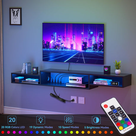 FABATO 71'' Floating TV Stand with LED Light Power Outlet, Floating Shelf for Under TV Wall Mount with Storage Shelf, Media Console Entertainment Center for Living Room, Black FABATO