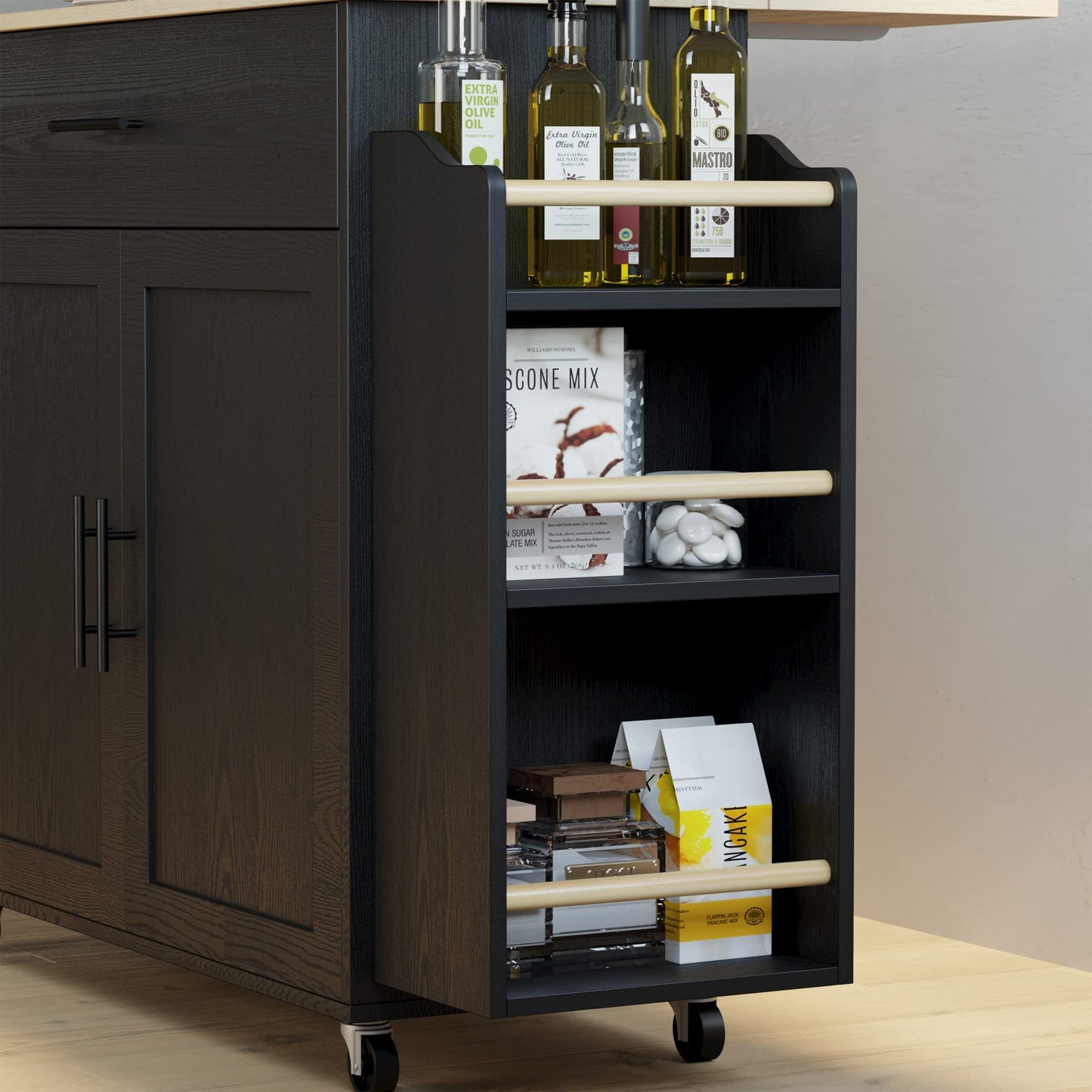 Rolling Kitchen Island with Drop Leaf, Storage Cabinet, and Charging Station - Black by IRONCK - WoodArtSupply