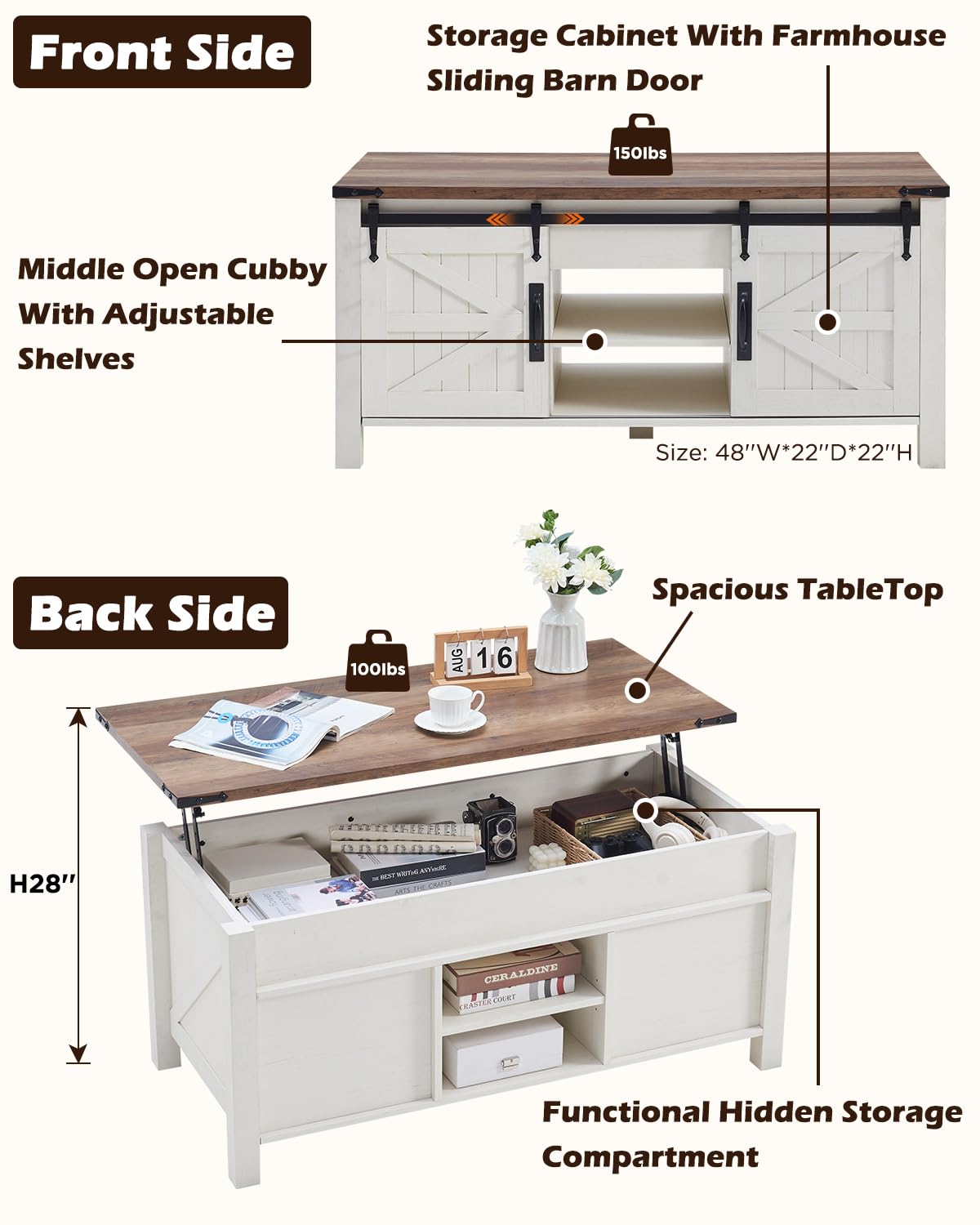 OKD 48" Farmhouse Lift Top Coffee Table with Sliding Barn Door,Rustic Center Table with Hidden Storage Compartment,Lifting Tabletop and Adjustable Shelf for Living Room,Office,Antique White - WoodArtSupply