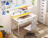 ODK 40 Inch Small Computer Desk with 3 Drawers and USB Power Outlets, Home Office Desks with LED Lights and Adjustable Monitor Stand, Work from Home, Modern Work/Writing/Study Table for Bedroom, White ODK